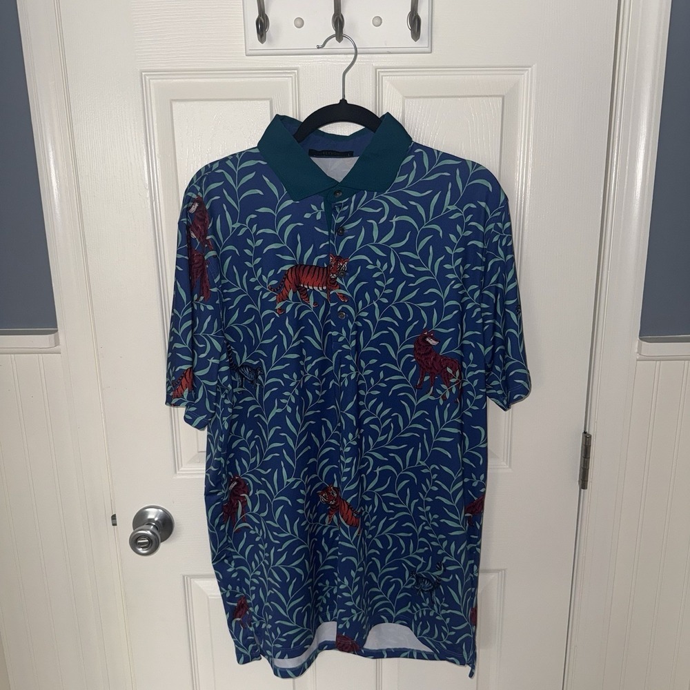GREYSON Jungle Tiger Wolf Polo Mongoose Blue Green Men's Golf Large Sleeve Logo